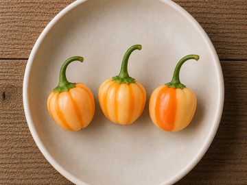 Three small orange-striped peppers on a white plate.