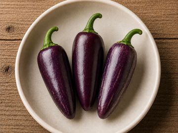 Three purple jalapeño peppers with green stems on a white plate.