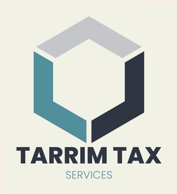 Logo-circle in three pieces. One grey, one green, one black. Tarrim Tax Services written underneath