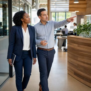 Two colleagues walking and discussing in an office.