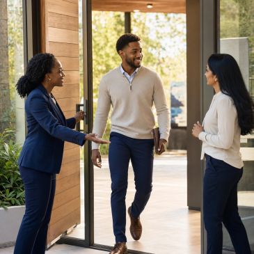 Three professionals greeting each other in an office lobby.