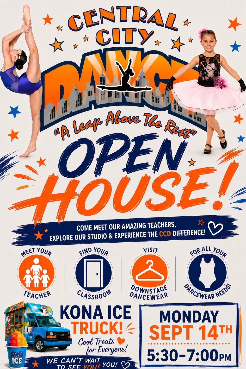 Dance open house announcement with kids in dance poses and Kona Ice truck info.