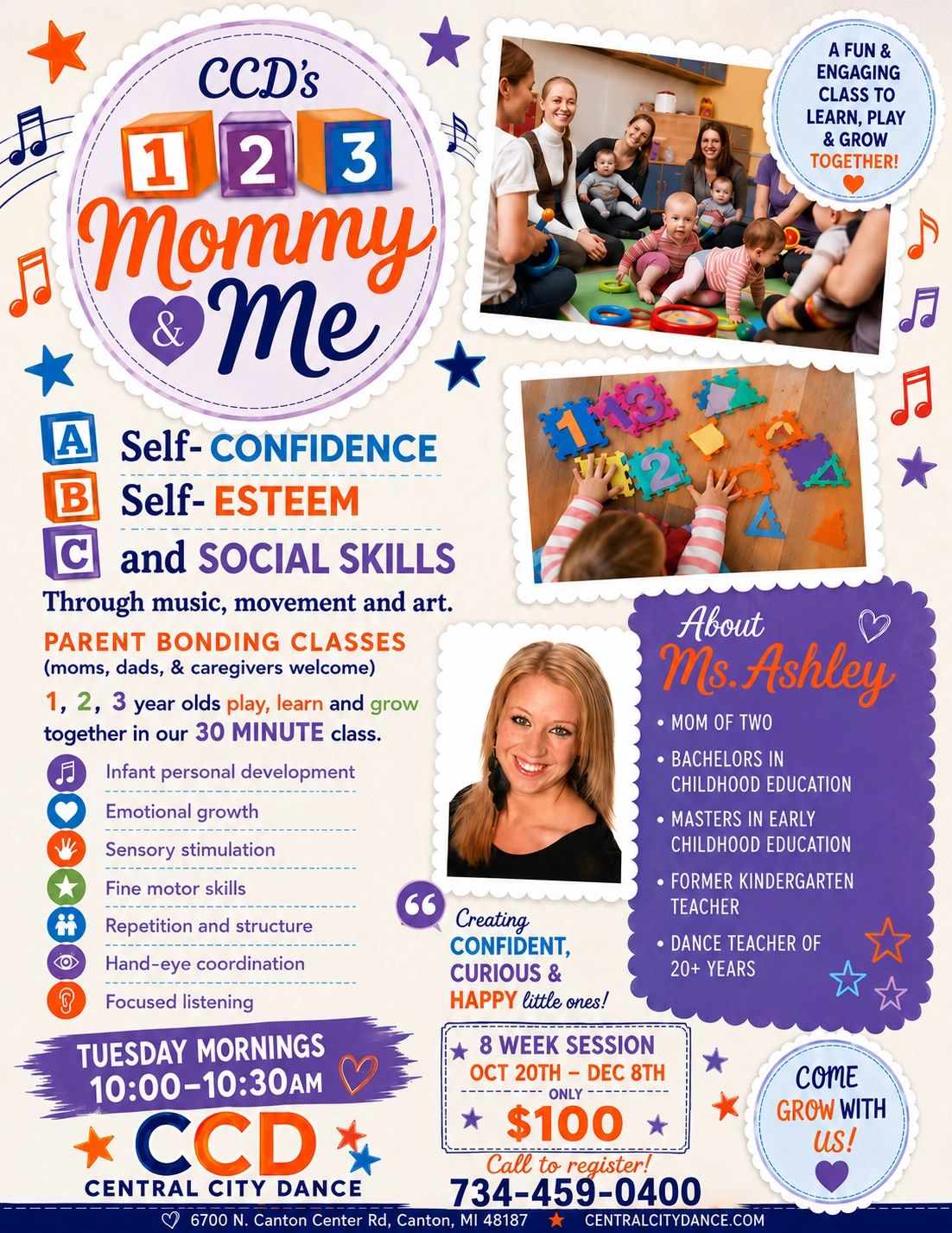 Flyer for CCD's Mommy &amp; Me classes focused on child development and parent bonding.