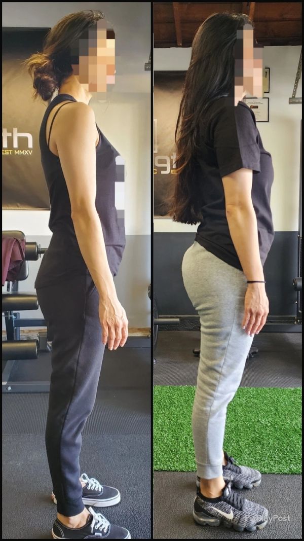 Side-by-side comparison of a woman before and after fitness progress in gym attire.