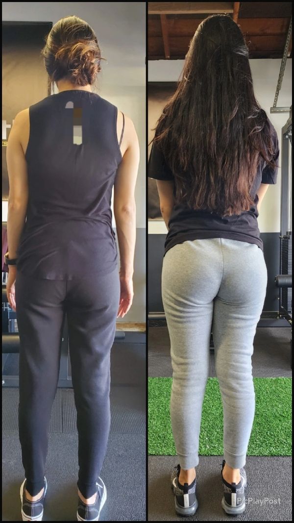Side-by-side back view of a woman before and after a fitness transformation.