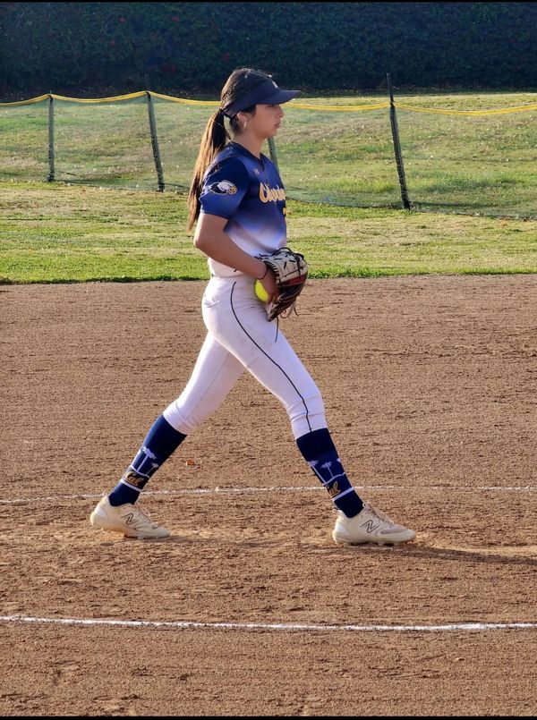 Softball player in blue and white uniform preparing to pitch on a sunny field.