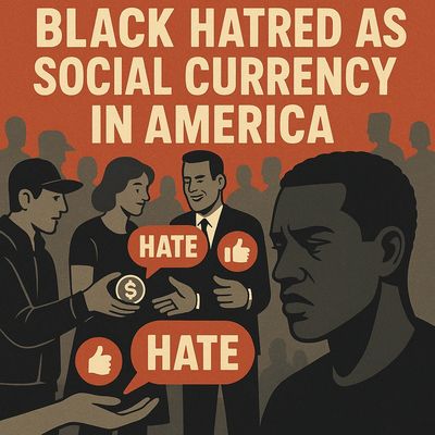 Illustration showing Black hatred as social currency in America with people exchanging hate and money.