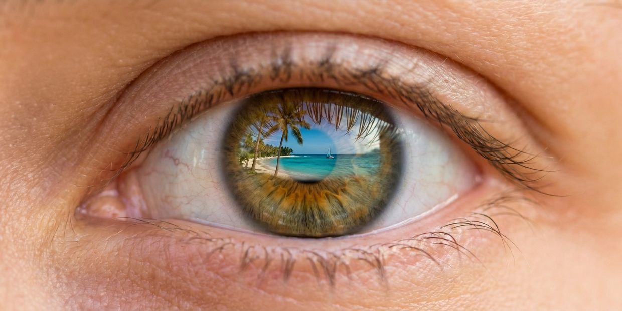 Close-up of an eye reflecting a tropical beach scene with palm trees and a sailboat.