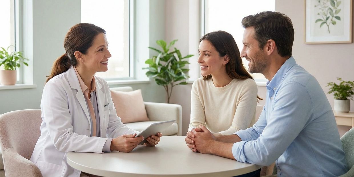 A doctor consulting a smiling couple in a bright, cozy office about fertility treatments, IVF Services.