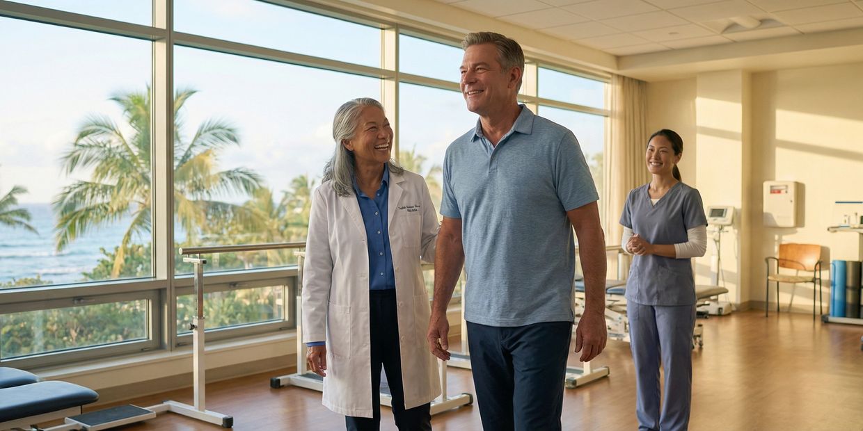 Doctor and nurse assist a smiling American man in physical therapy after joint replacement surgery.