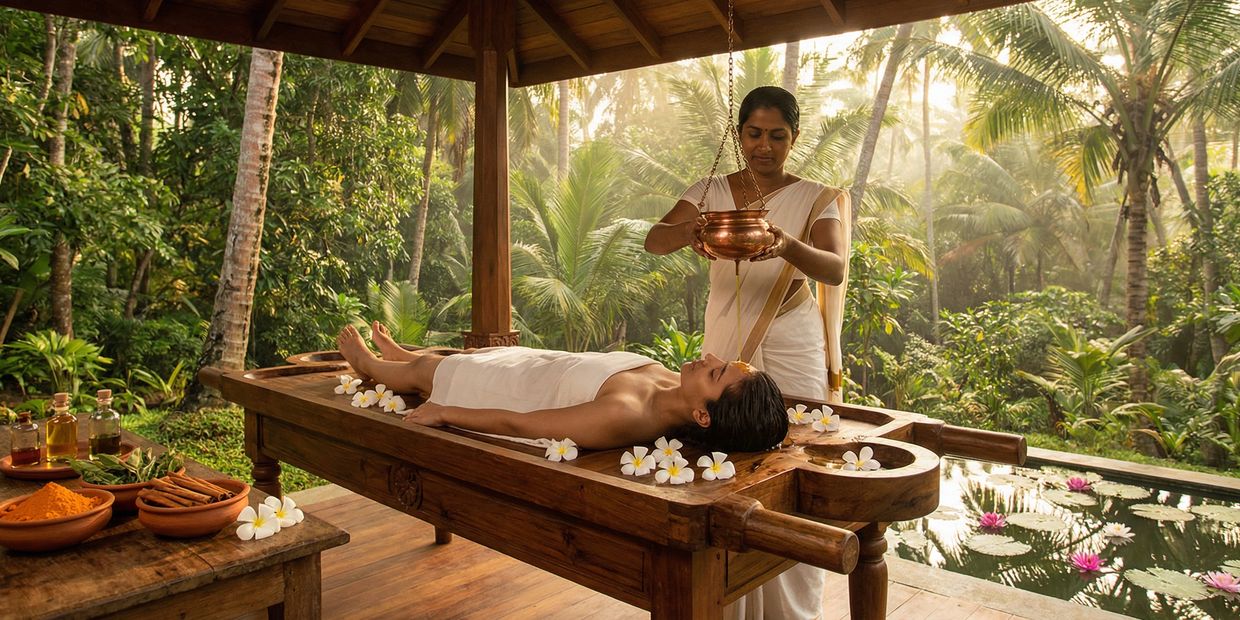 Woman receiving traditional Ayurveda treatments in a tropical outdoor setting. Detox Programs and Holistic Healing