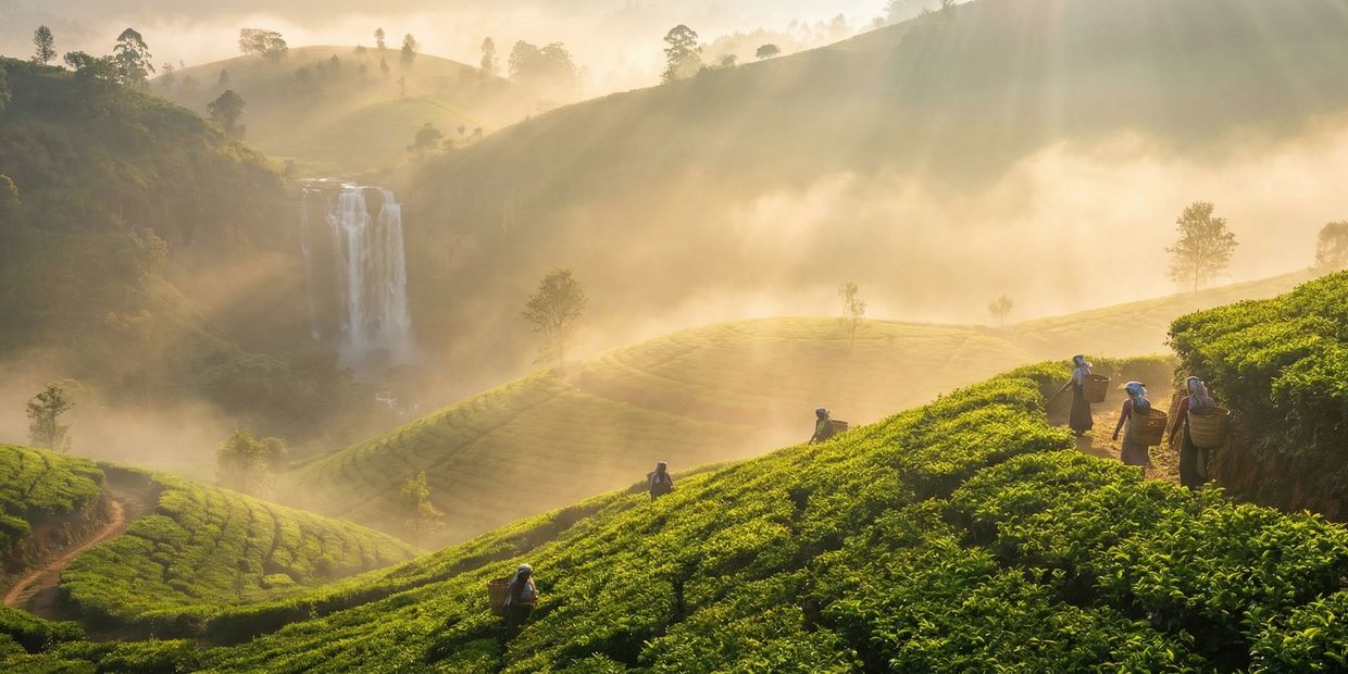 Tea pickers work on lush green hills at sunrise near a misty waterfall.