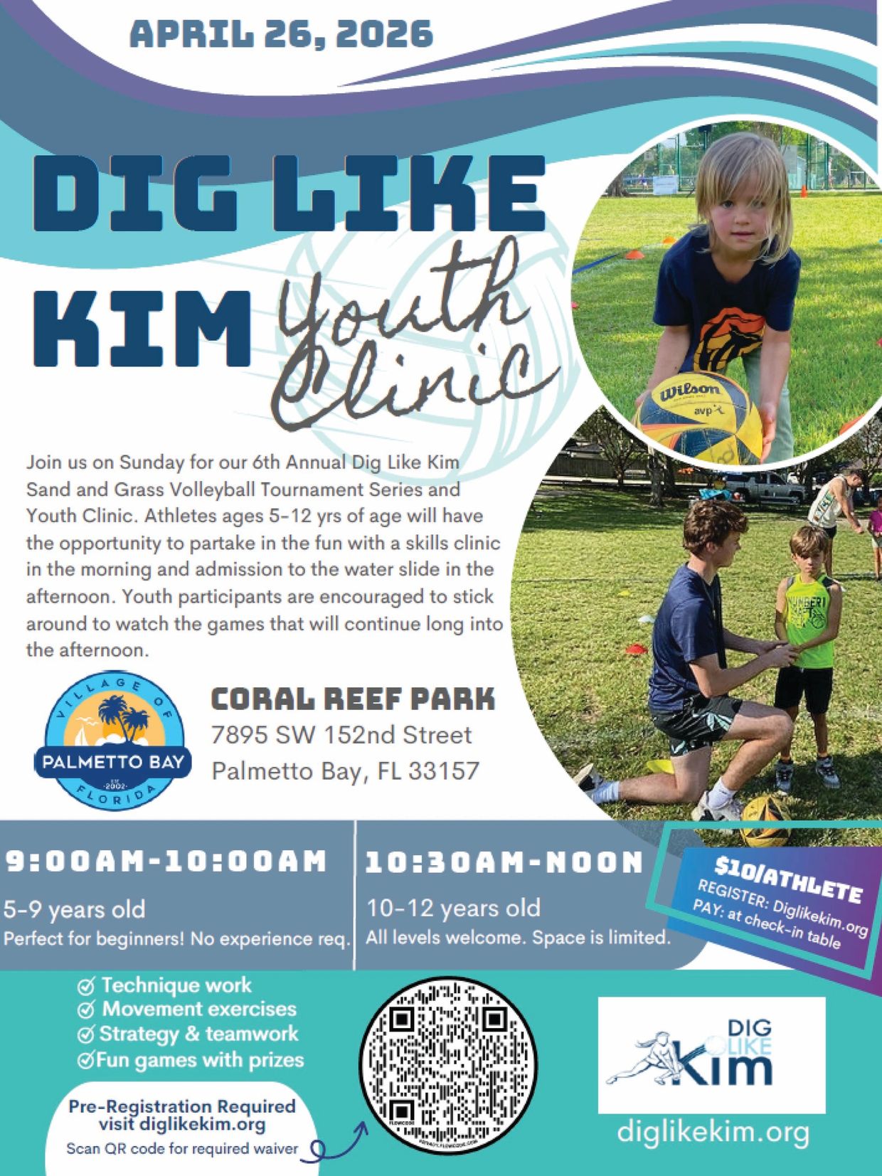 Youth volleyball clinic event on April 26, 2026, at Coral Reef Park, Palmetto Bay.