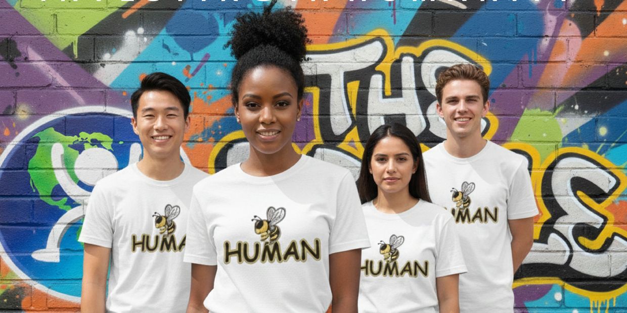 Four diverse people wearing white shirts with a bee and the word 'HUMAN' in front of a colorful graffiti wall.