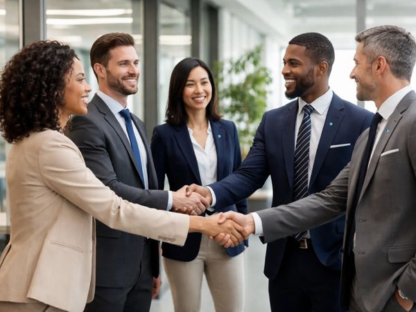 Business professionals shaking hands in a modern office setting.