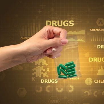 A person pointing at drugs illustration