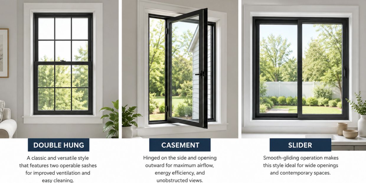 Three window styles: double hung, casement, and slider, each with unique features.