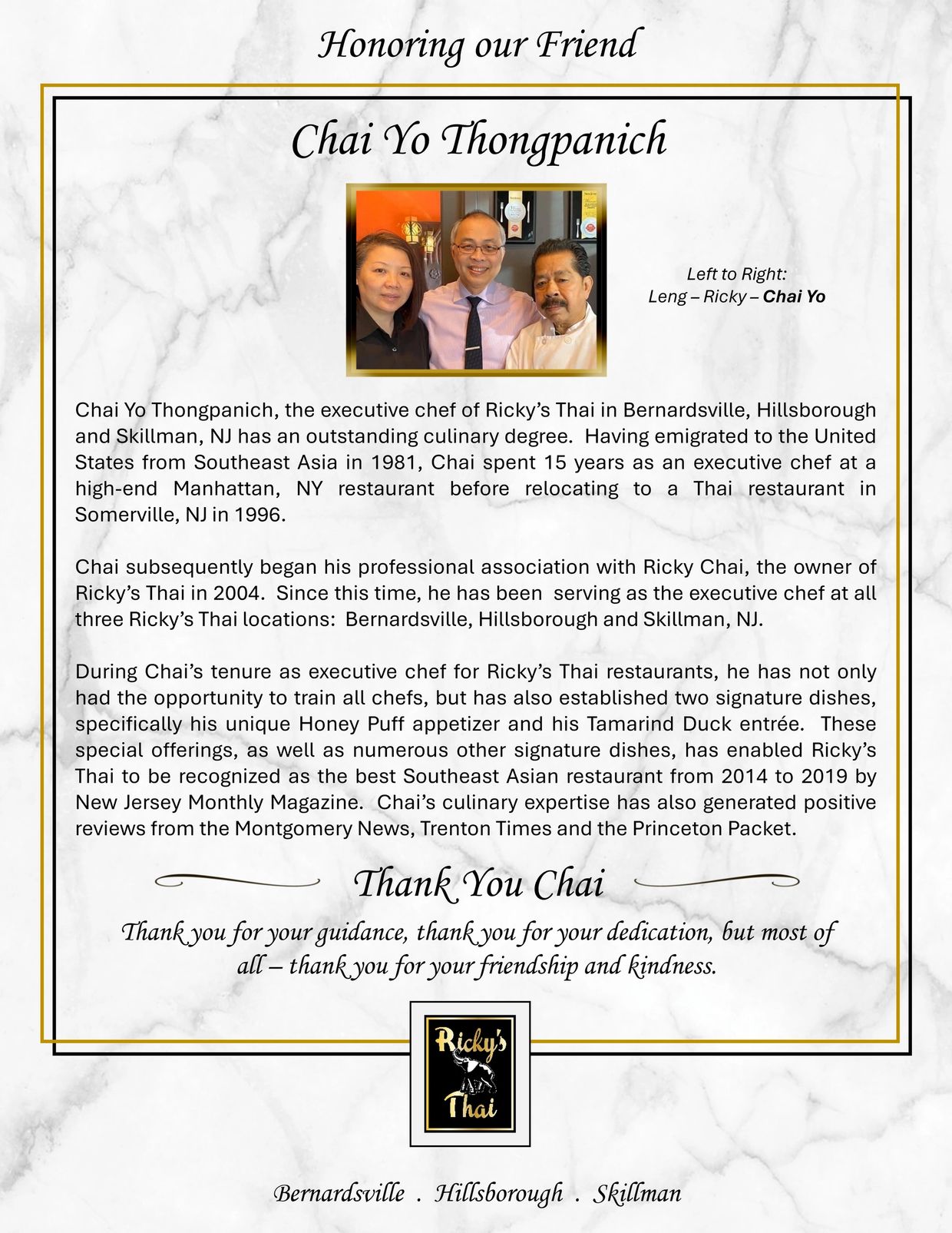 Honoring Chai Yo Thongpanich, executive chef at Ricky's Thai.
