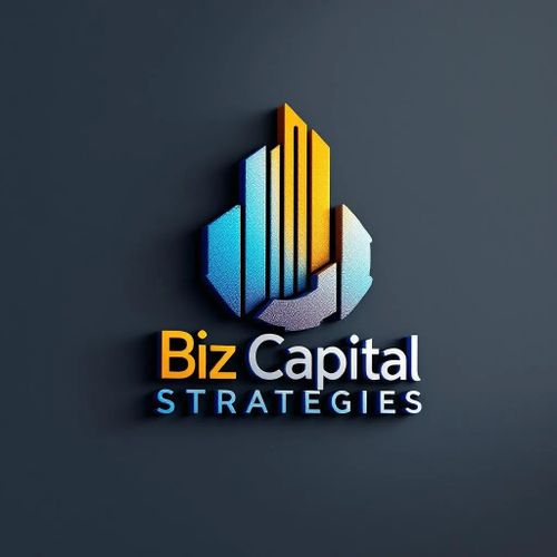 3D logo of Biz Capital Strategies with colorful buildings on dark background.