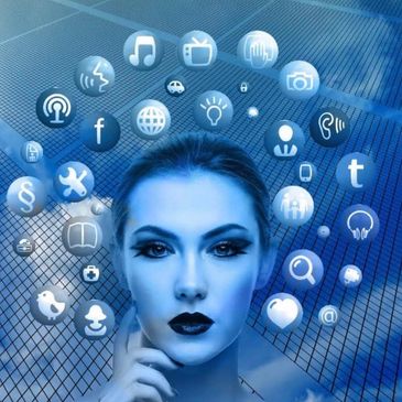 Blue-toned digital portrait with social media icons floating around a woman's head.