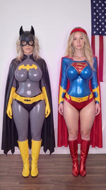 Two women dressed as Batgirl and Supergirl stand side by side.