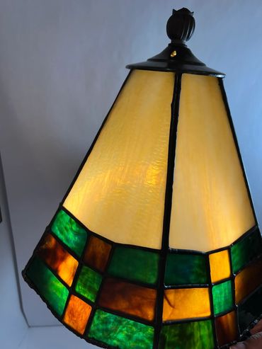 2324 Tiffany Mission Style Stained Glass Table Lamp Shade & Lamp (Green, Brown, Yellow)