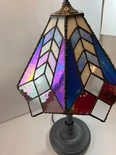 2323 Tiffany Mission Style Vintage Stained Glass Electric Table Lamp and Shade (blue, cranberry, opa