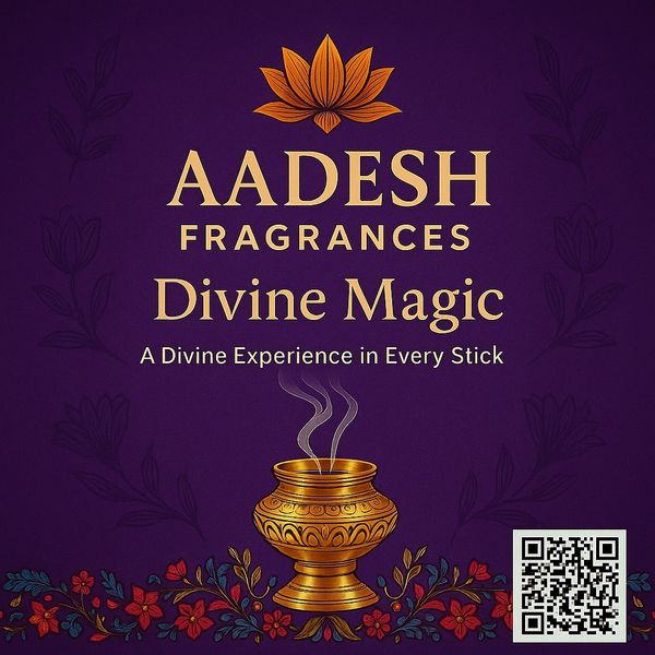 Elegant purple ad for Aadesh Fragrances with a golden incense holder and floral designs.