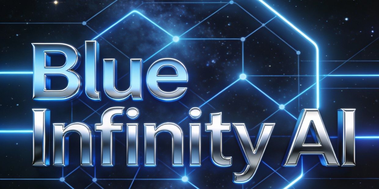 Futuristic text reading 'Blue Infinity AI' with glowing blue network background.