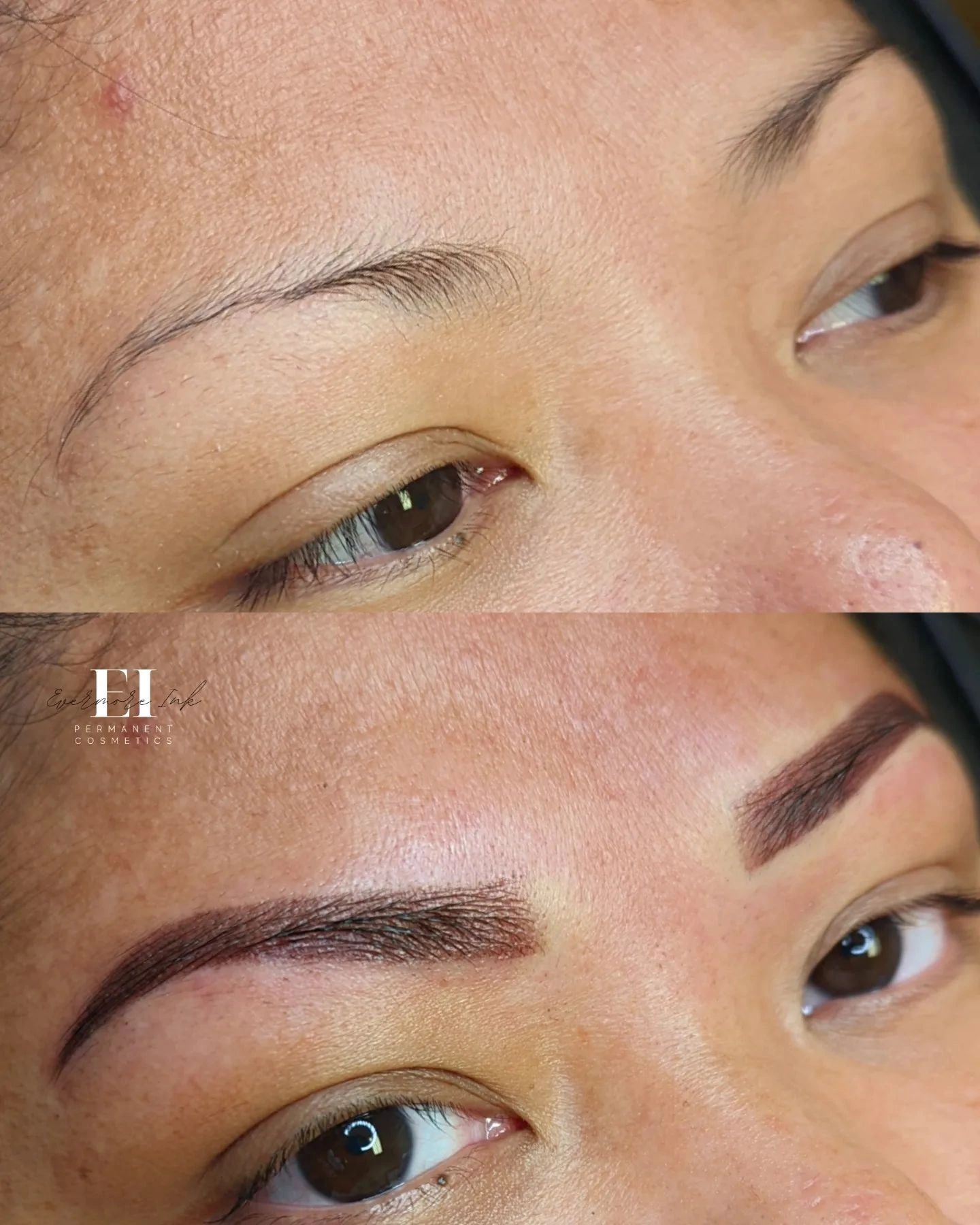 Before and after photo of a woman who got powder brows service.  Kahului, Hawai'i. 