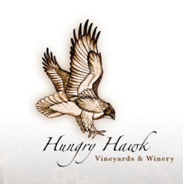 Illustration of a hawk in flight above text for a vineyard and winery.