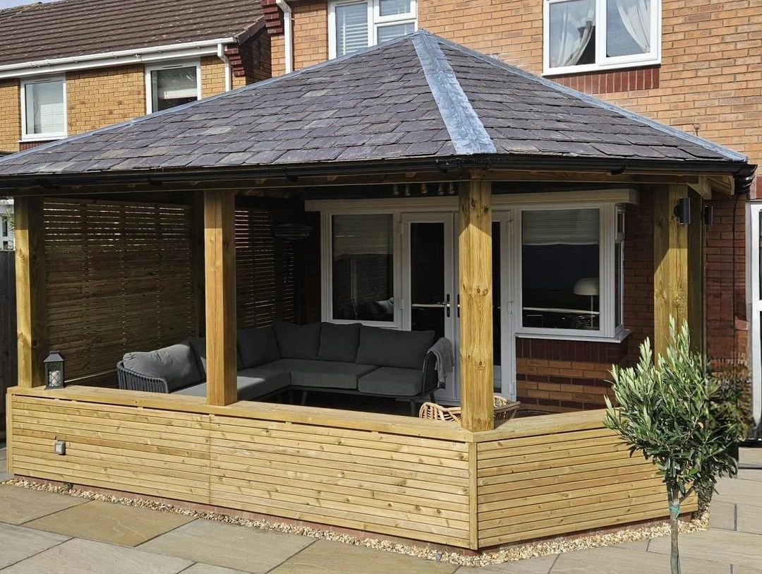 Pitched tile roof gazebo with slatted panels