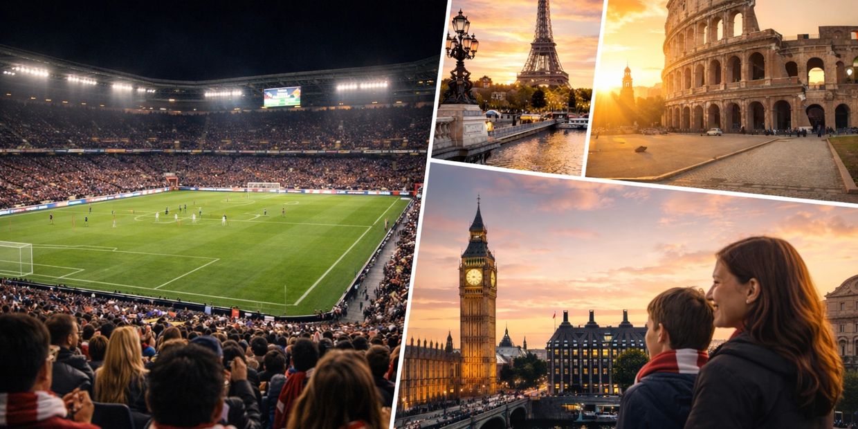 Collage of iconic landmarks and a soccer stadium filled with fans.