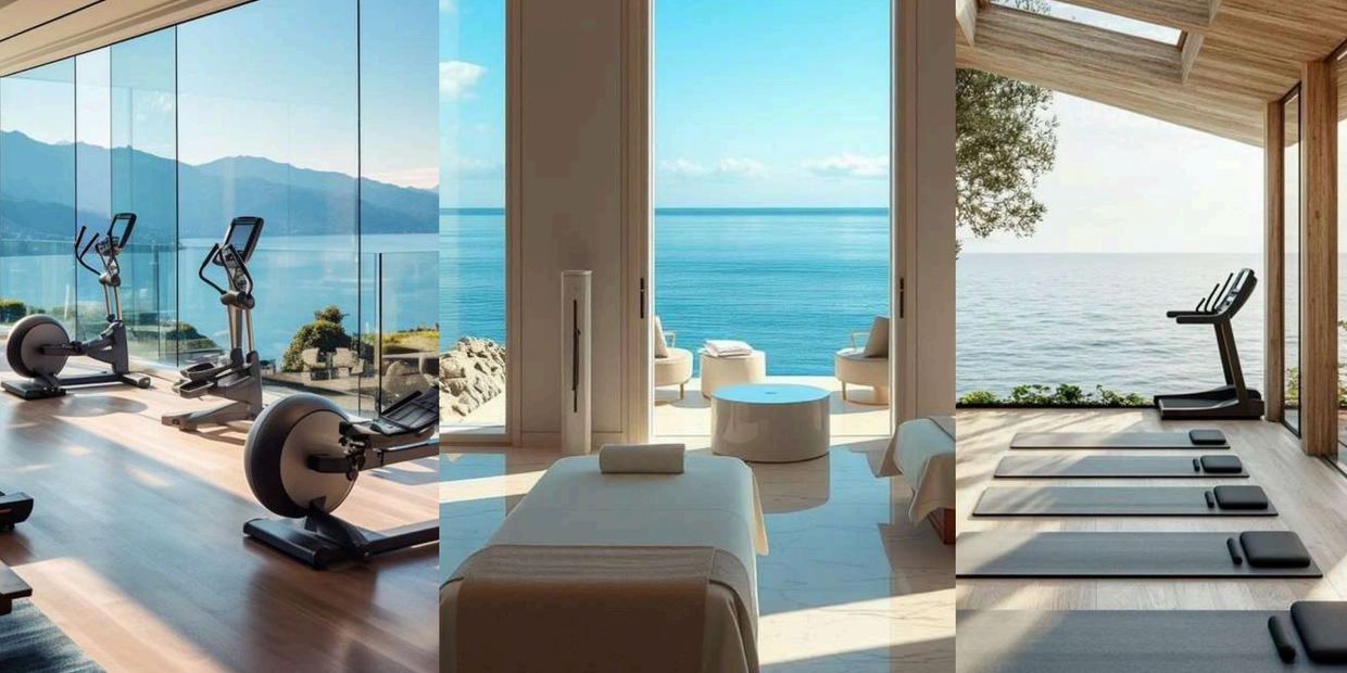 Luxurious wellness spaces with ocean views: gym, spa, and yoga area.
