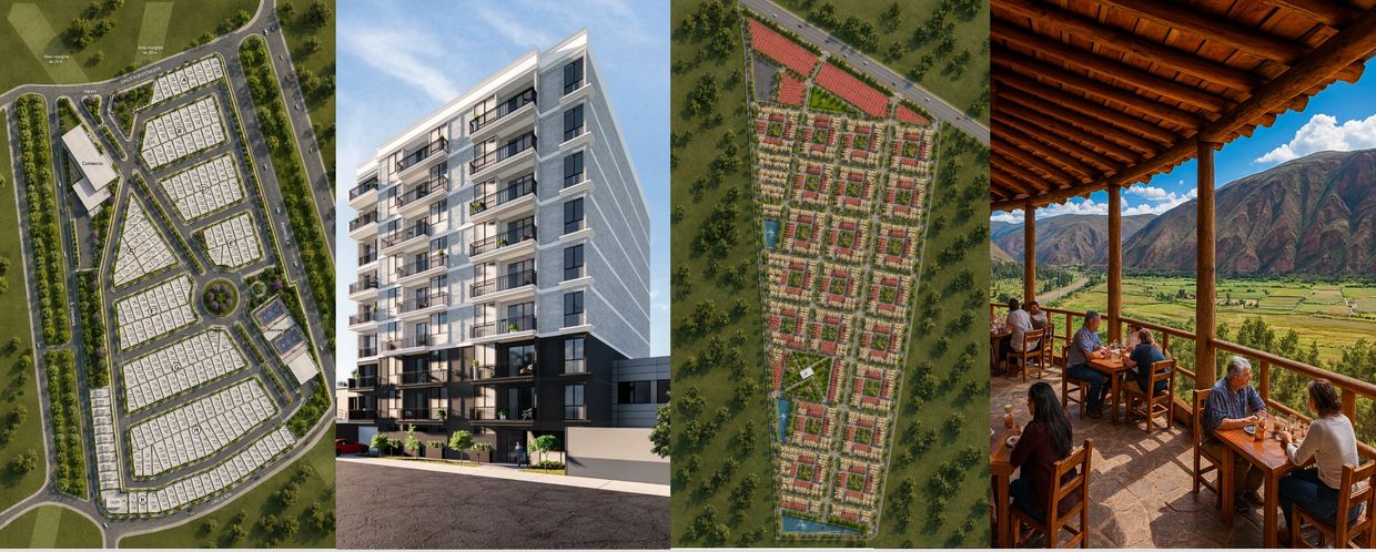 Four images showing real estate plans, a modern apartment building, a housing layout, and people dining with mountain views.