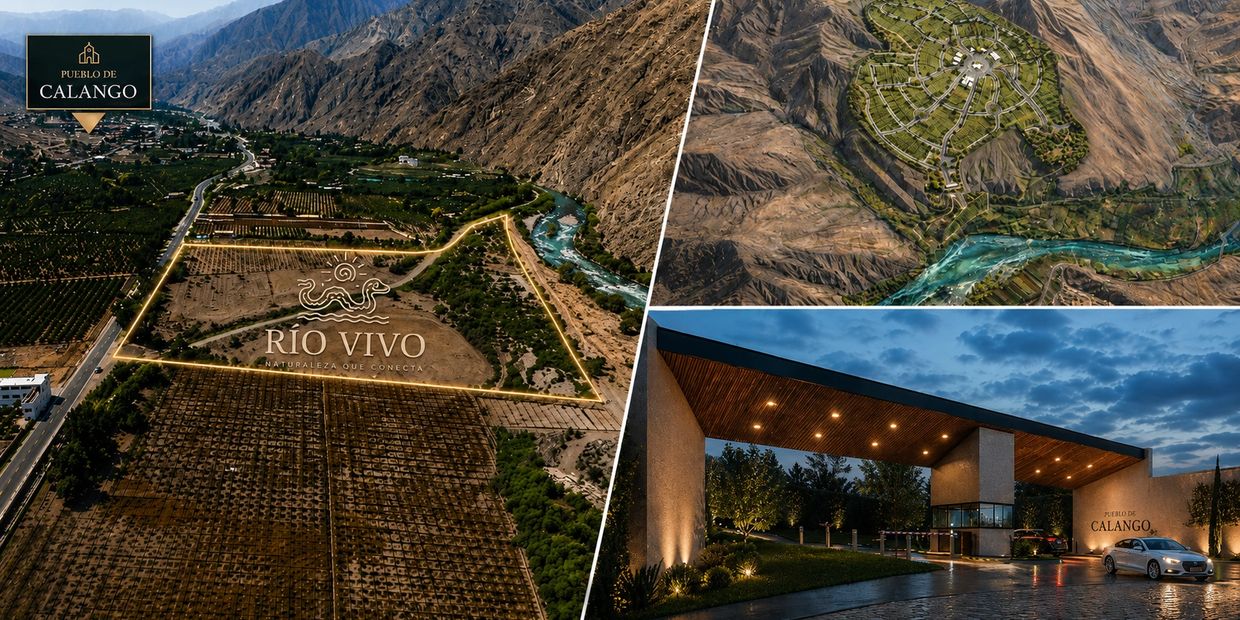 Aerial and ground views of Pueblo de Calango's Rio Vivo development surrounded by mountains.
