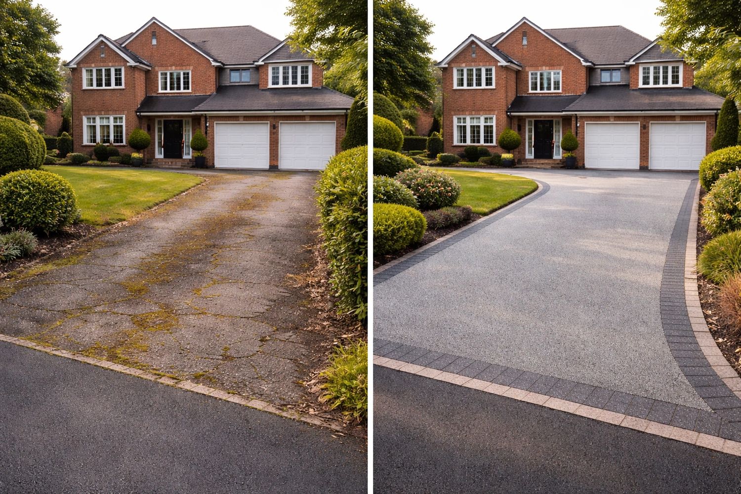 Before and after images of a driveway renovation at a brick house.