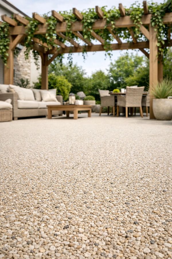 Cozy outdoor patio with wicker furniture under a wooden pergola adorned with vines.