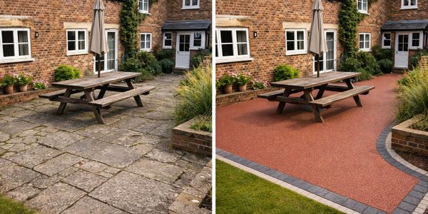 Before and after patio renovation with new smooth red surface and edging.