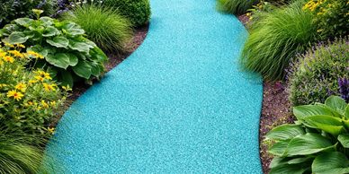 Curved turquoise garden path surrounded by vibrant flowers and lush greenery.