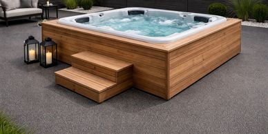 Modern wooden hot tub with bubbling water and cozy outdoor seating.