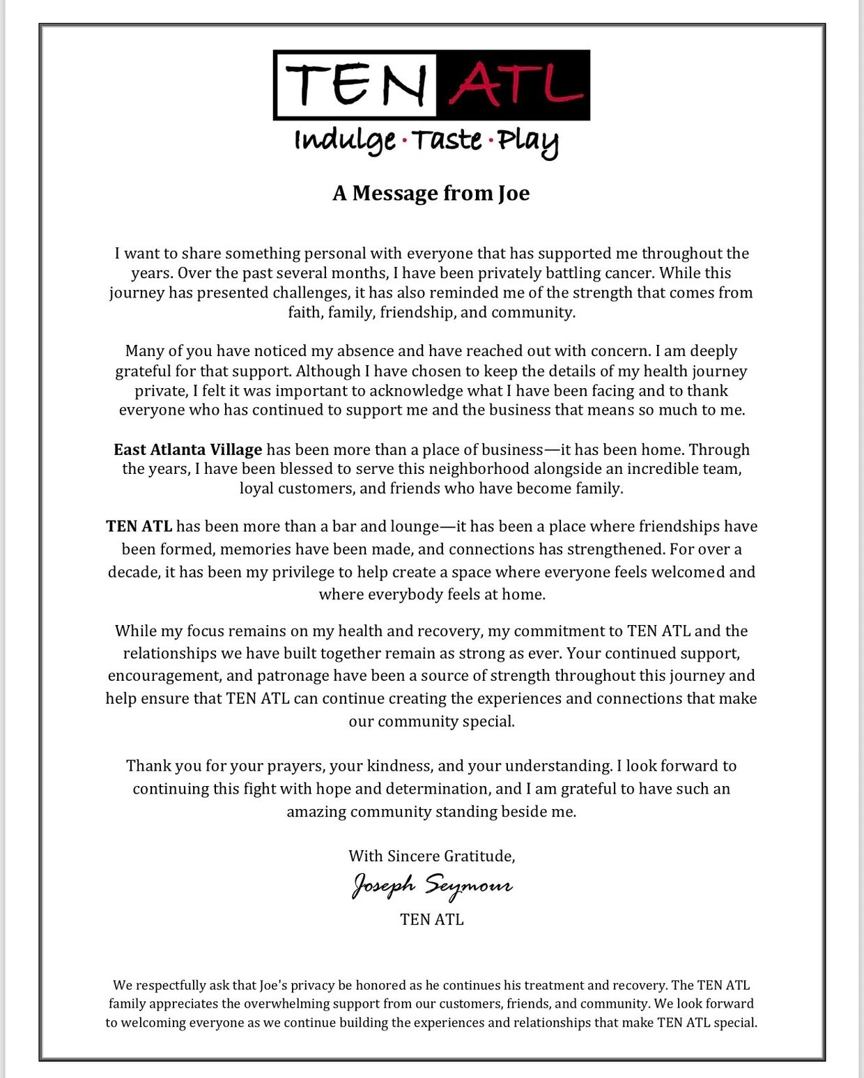 A message from Joe at TEN ATL about his cancer battle and gratitude for support.