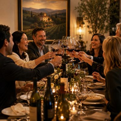 A group of friends toasting with wine glasses around a warmly lit dinner table.
