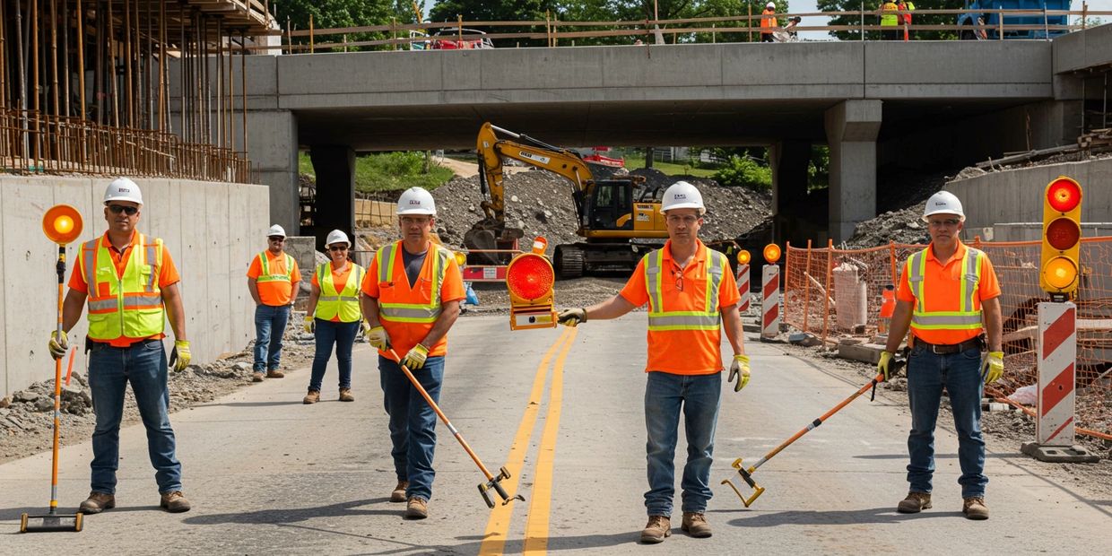 Construction workers in safety gear stand on a road under a bridge with equipment for road marking.