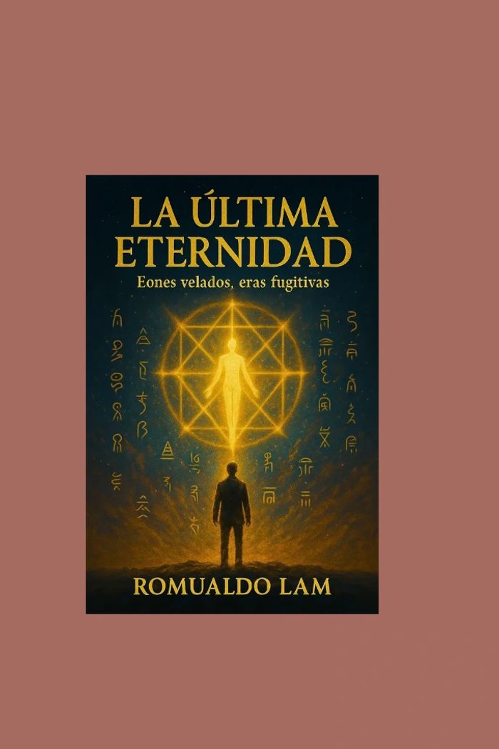 Book cover of 'La Última Eternidad' by Romualdo Lam with mystical golden symbols and a glowing figure.