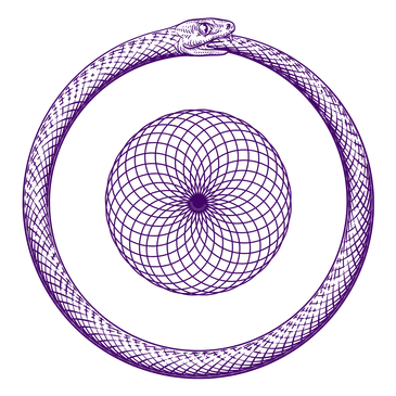 Intricate purple ouroboros design with geometric pattern on black background.