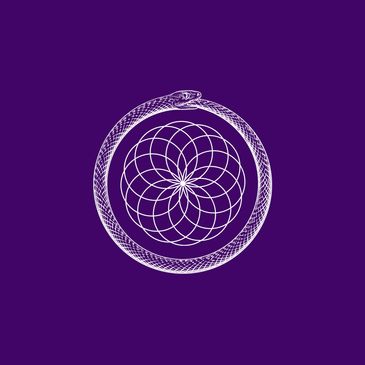 White ouroboros snake and geometric pattern on purple background.