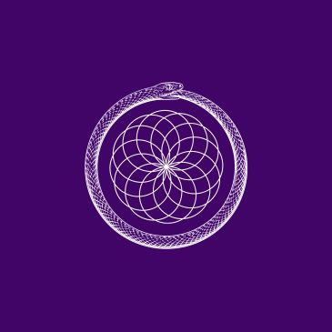 White ouroboros snake and geometric pattern on purple background.