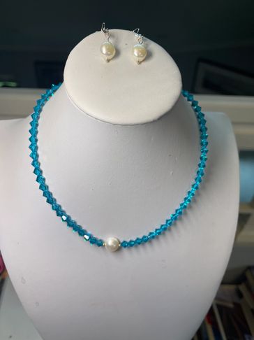 Swarovski Blue Crystal Necklace with Pearl and Pearl Earrings