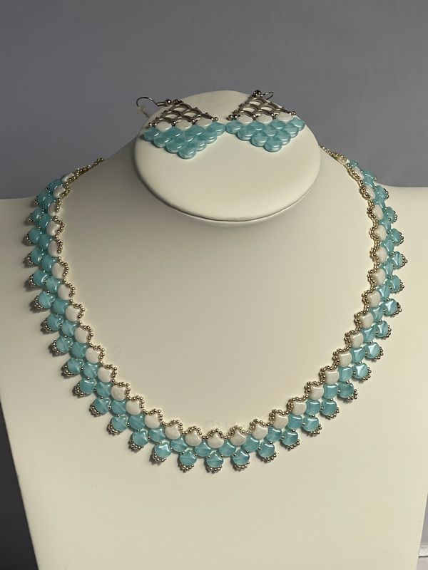 Silk Blue Opal Ginko Collar Necklace and Earrings